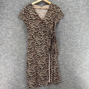 Apt. 9 Wrap Dress Women M Medium Black Geometric Midi Tie Up V-Neck Stretch